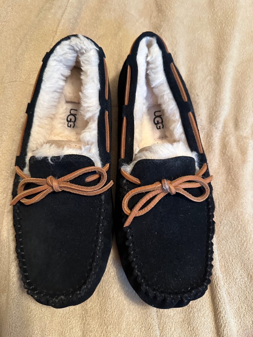 UGG Black Suede Moccasins with Tan Trim